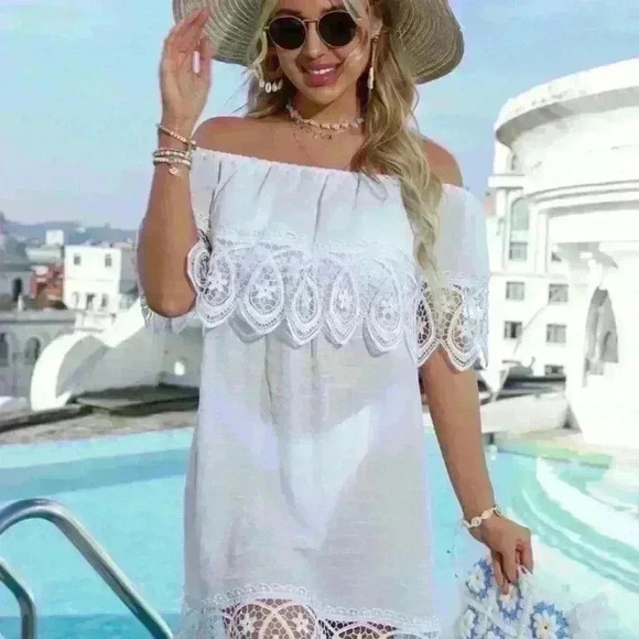 Shein Womens Dress Lace Hem Off the Shoulder  Cover Up White One-Size - Picture 3 of 10